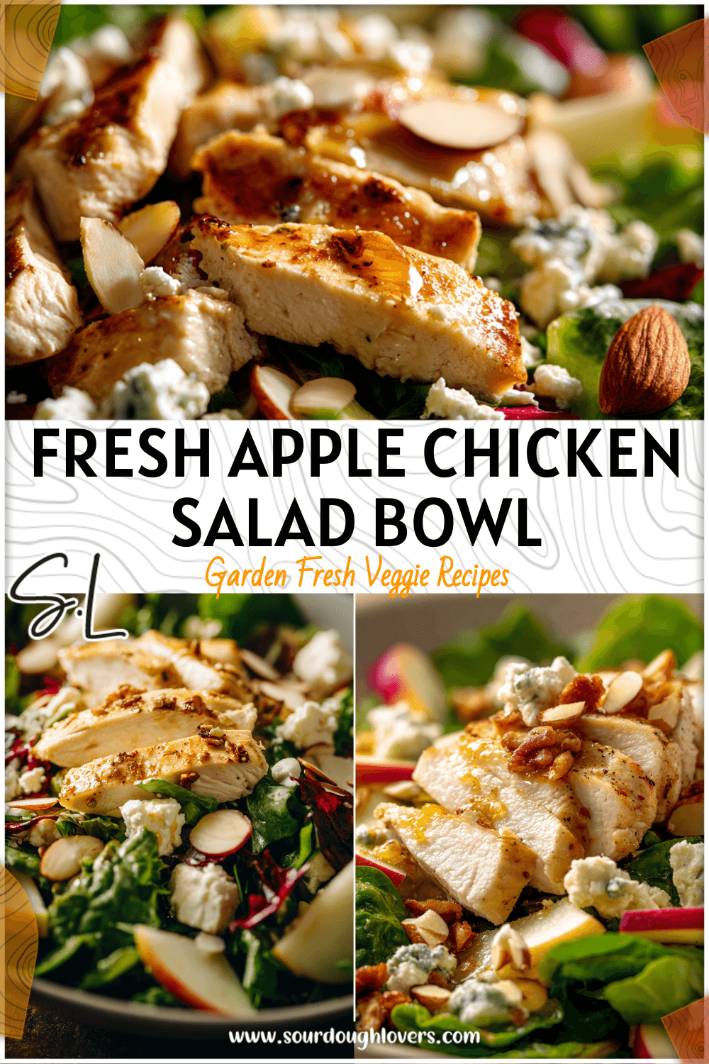 Fresh Honeycrisp Apple Chicken Salad topped with feta cheese and sliced almonds on mixed greens.